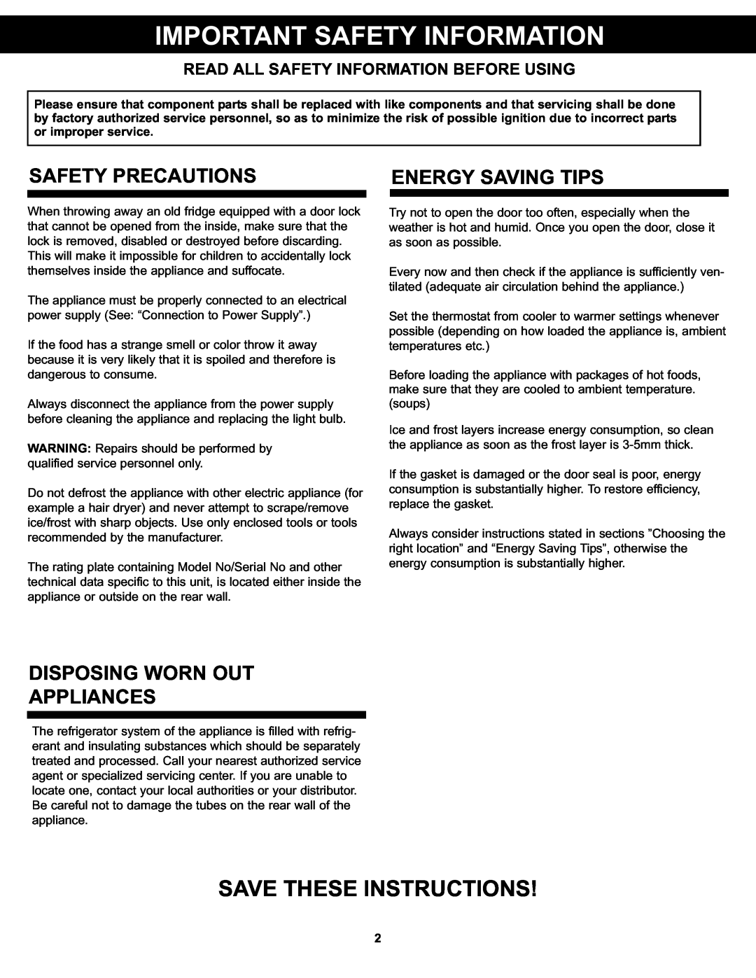 Danby DPF074B1WDB Safety Precautions, Energy Saving Tips, Disposing Worn Out Appliances, Important Safety Information 